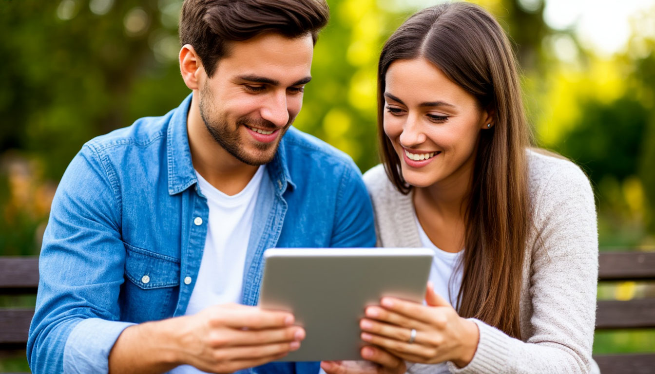 Young couple viewing home listing on tablet