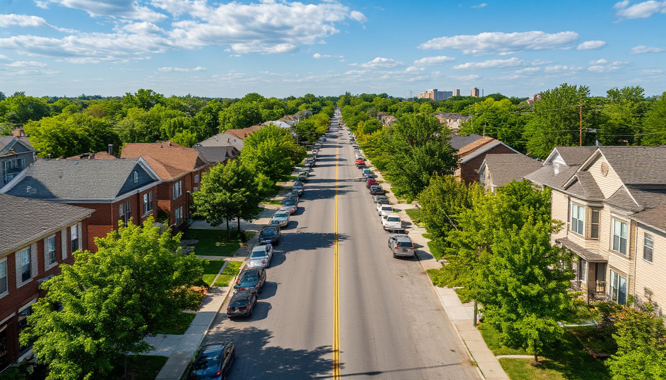 urban neighborhood with homes and transit access