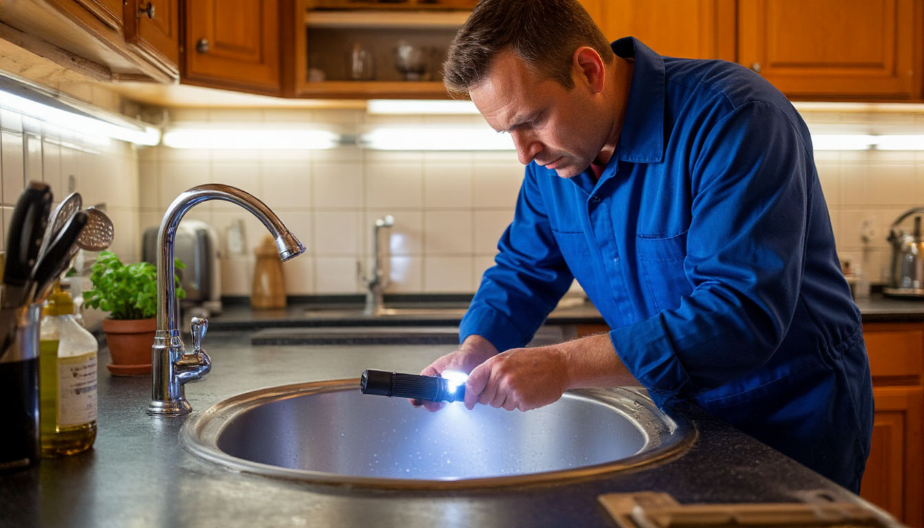 Inspector checking under kitchen sink with flashlight,